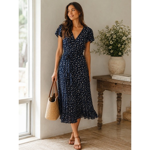 Lauren Ralph Lauren Dresses & Skirts - Polo Ralph Lauren Floral Wrap Dress 10 Navy Midi Cottagecore Cotton Ruffle